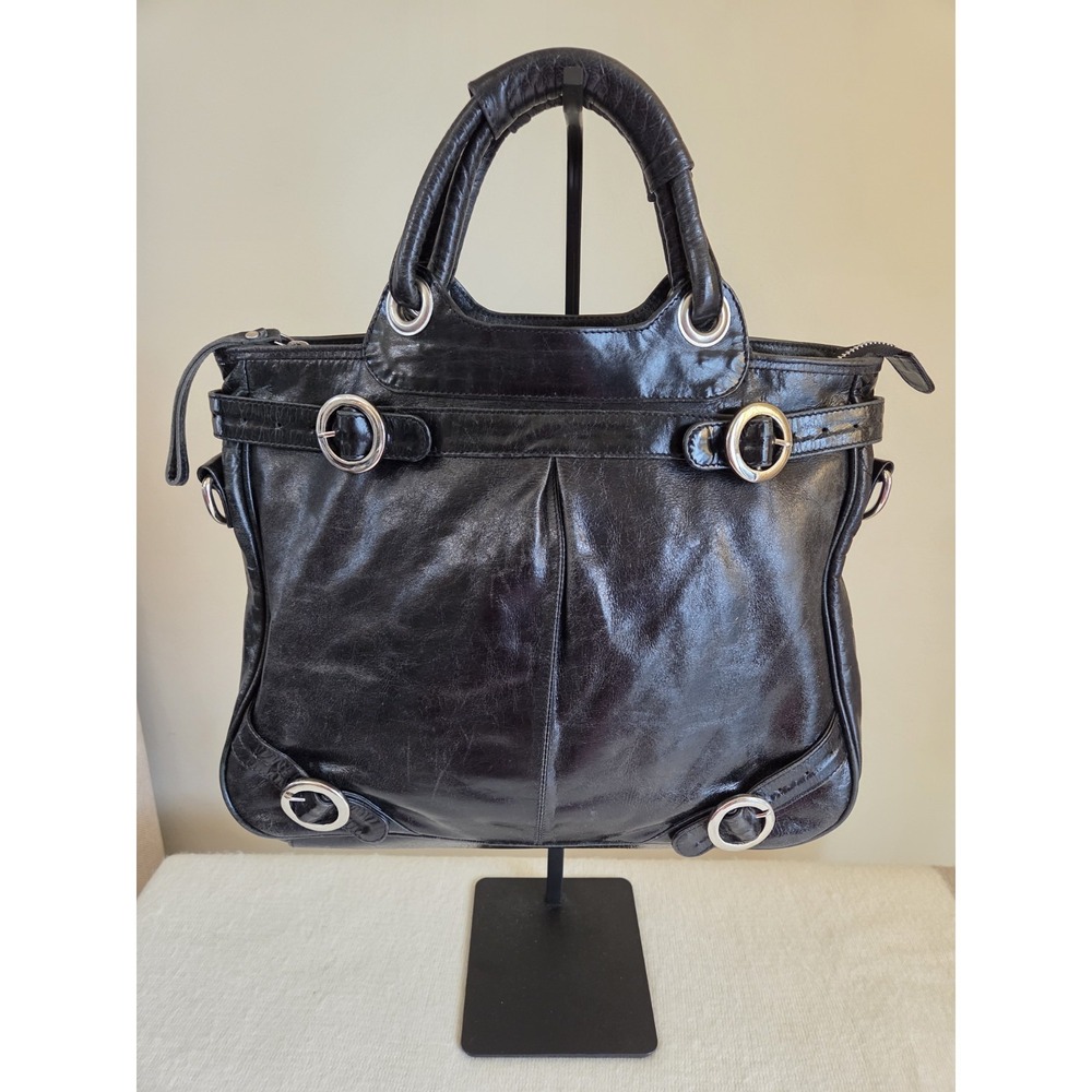 Latico Leather Glossy Black Satchel Floral Lining Pockets - No Crossbody Strap